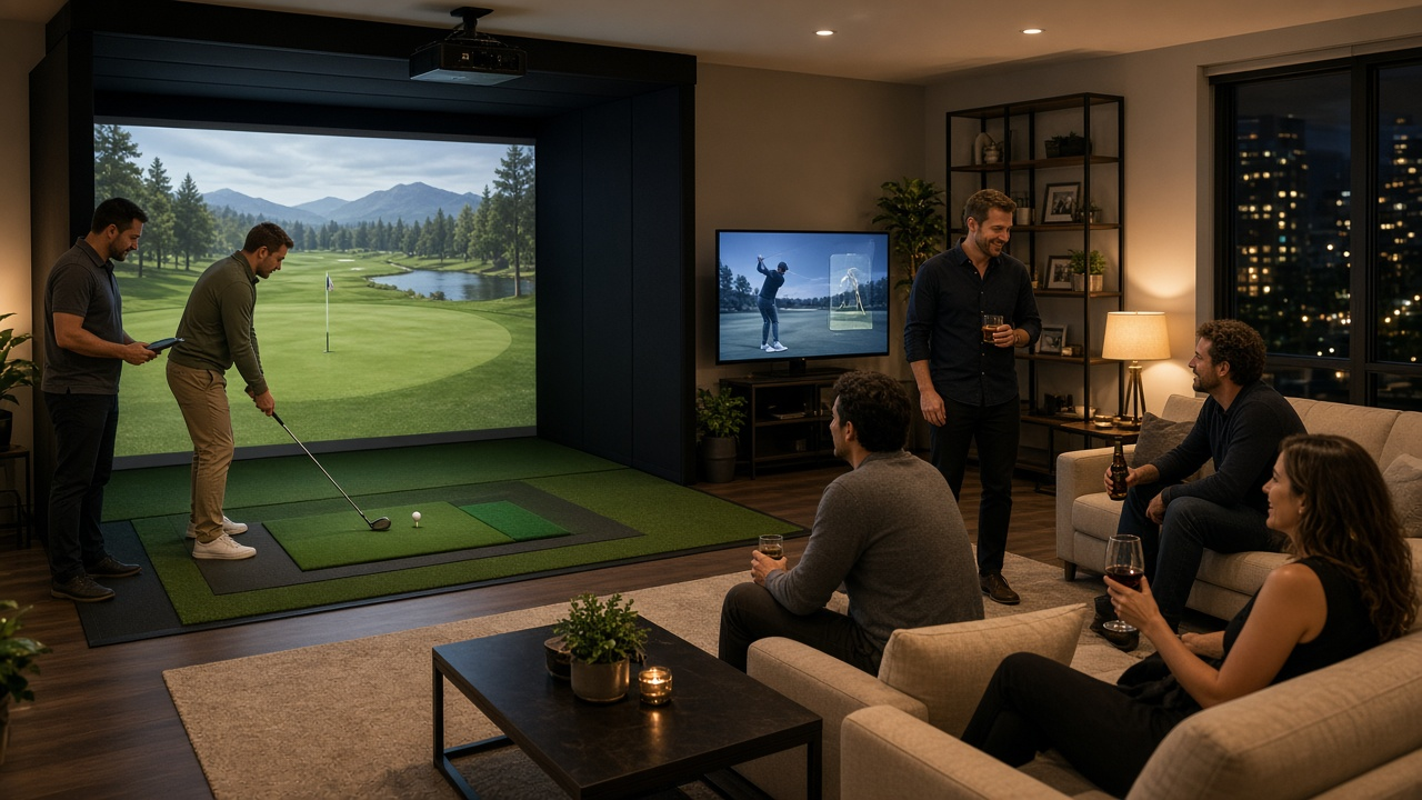 Complete framed golf simulator bay set up indoors with impact screen, hitting mat, projector, and on-site caddie during a house party