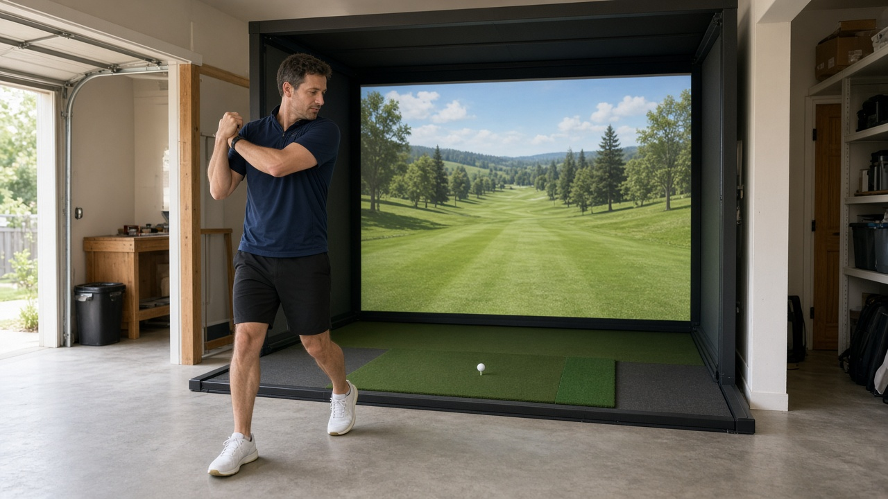 Golfer taking practice swings in a delivered home simulator bay after a light stretch — lifestyle practice scene, not a gym weight room