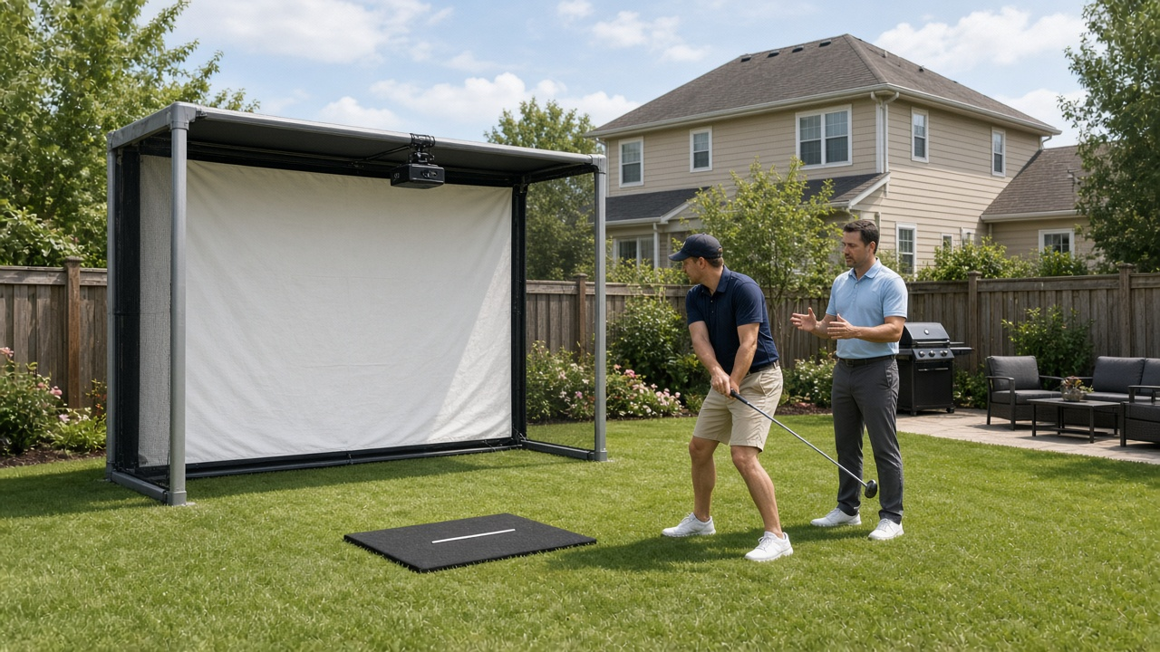 Outdoor New Jersey backyard golf simulator rental with an on-site caddie coaching a guest mid-swing toward the impact screen