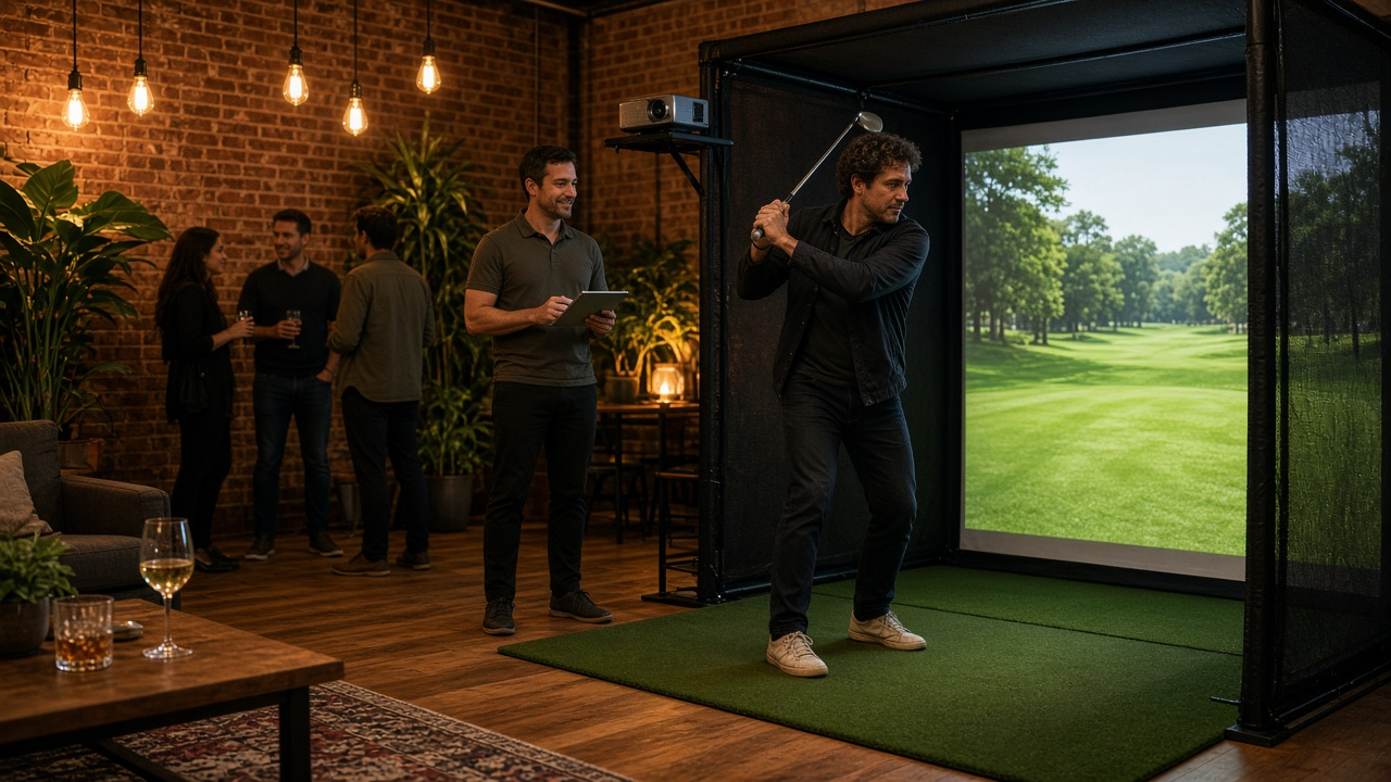 Guests enjoying a framed mobile golf simulator bay at a warm NYC loft party, one player mid-swing toward the impact screen with a caddie nearby
