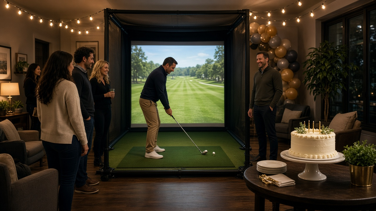 Birthday celebration around a framed mobile golf simulator bay indoors with balloons tastefully aside, guests swinging, caddie helping, cake nearby