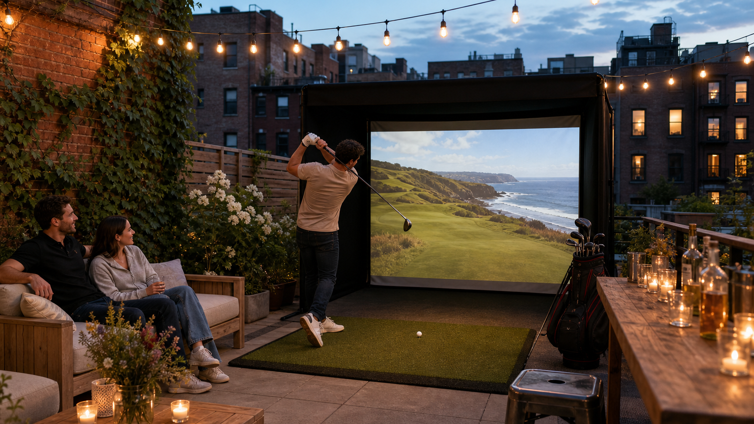 Framed golf simulator bay on a Brooklyn brownstone backyard deck at golden hour, guest mid-swing toward the impact screen