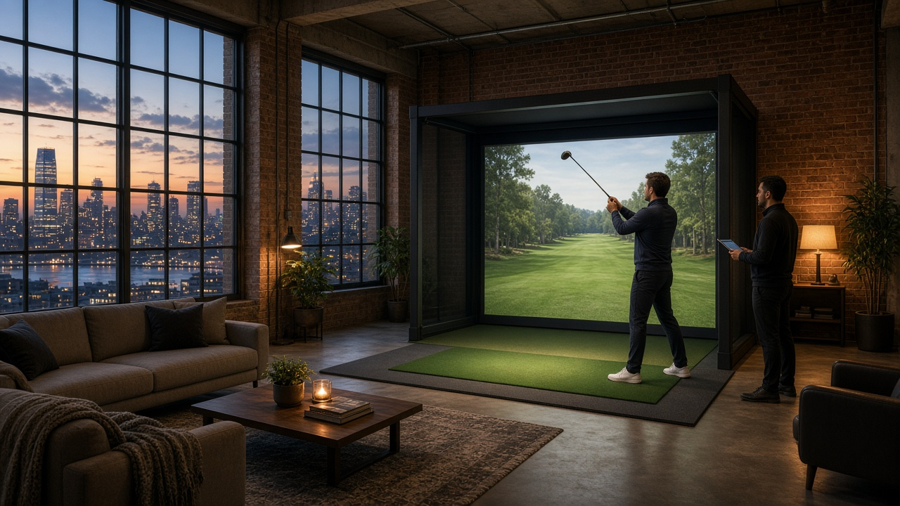Framed mobile golf simulator bay set up in a bright Jersey City loft living room with skyline-adjacent urban apartment feel and on-site caddie