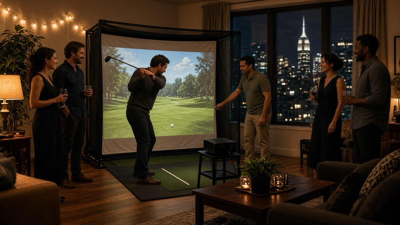 Indoor house-party golf simulator bay with guests rotating swings and an on-site caddie, framed screen in a living room, no lounge storefront