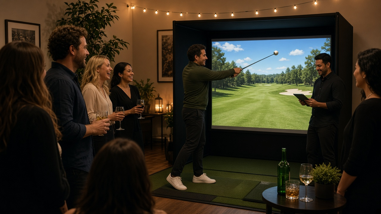 House party guests rotating through a framed mobile golf simulator bay indoors with cake table nearby and caddies running the queue