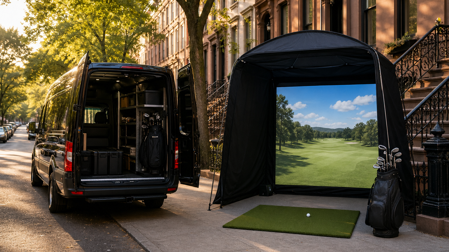 Golf simulator rental delivered to a New York City street: van, enclosure, and hitting screen
