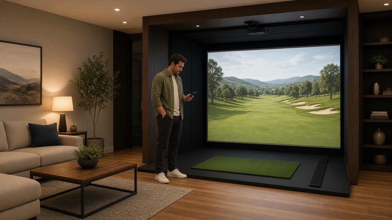 Side-by-side feel of a finished home golf sim room concept versus a delivered portable framed bay at a house party — lifestyle photo, no price text