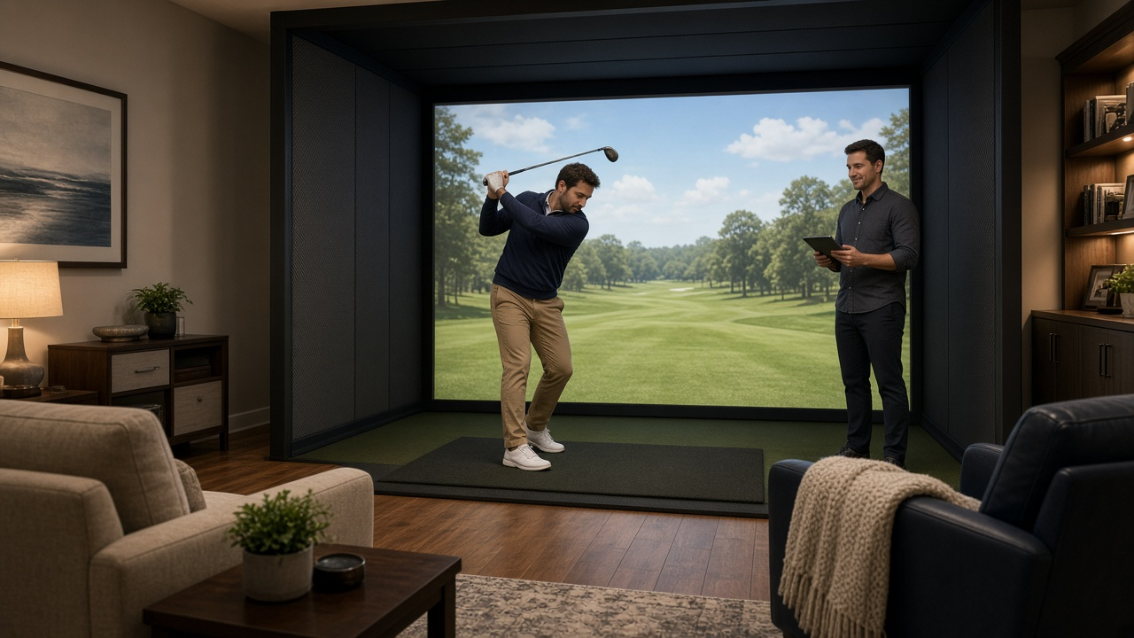 Indoor framed mobile golf simulator bay set up in a New Jersey living room with impact screen, hitting mat, and on-site caddie