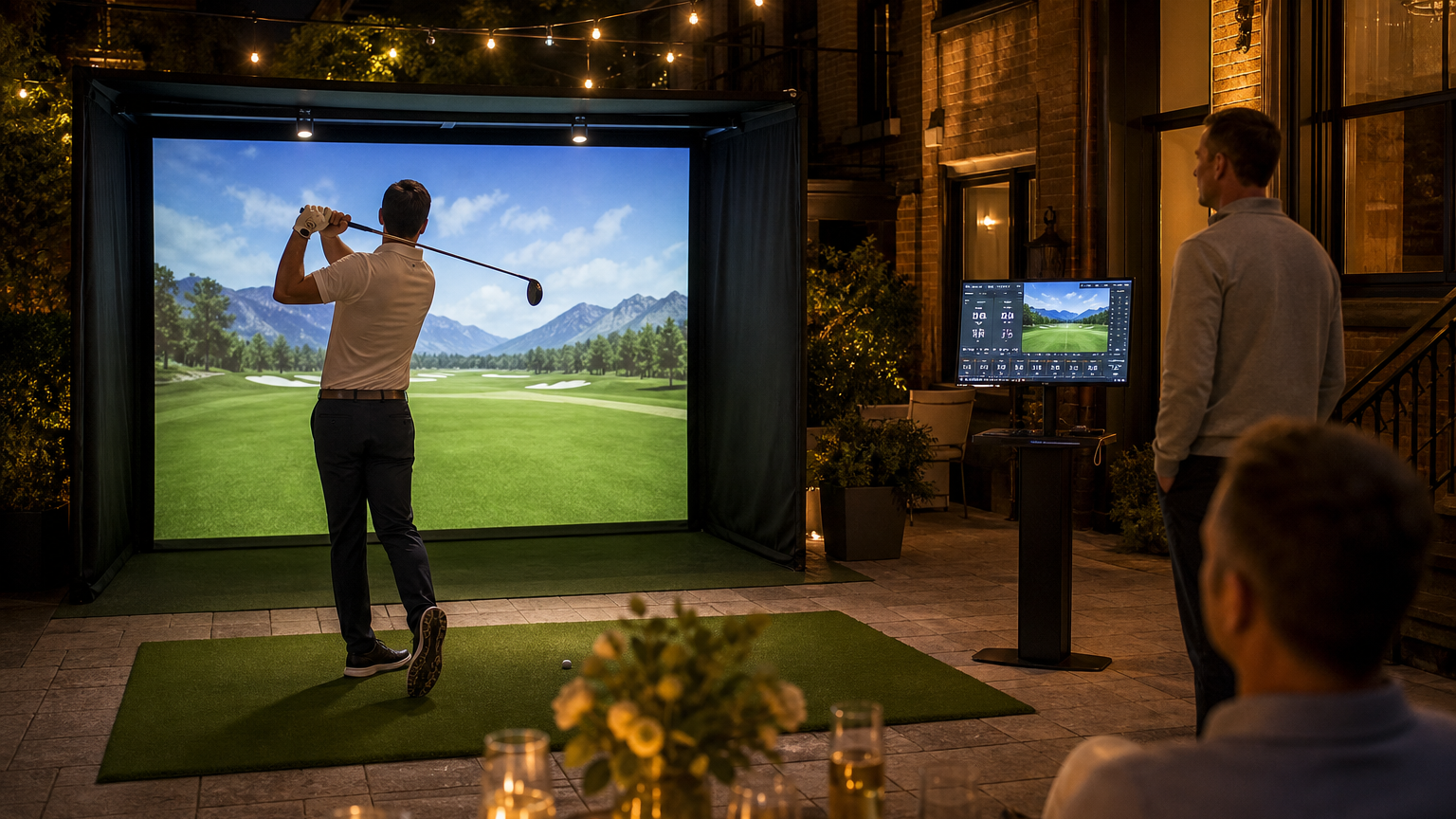 Pop-up golf simulator enclosure at a Brooklyn backyard evening party with hitting screen and guests