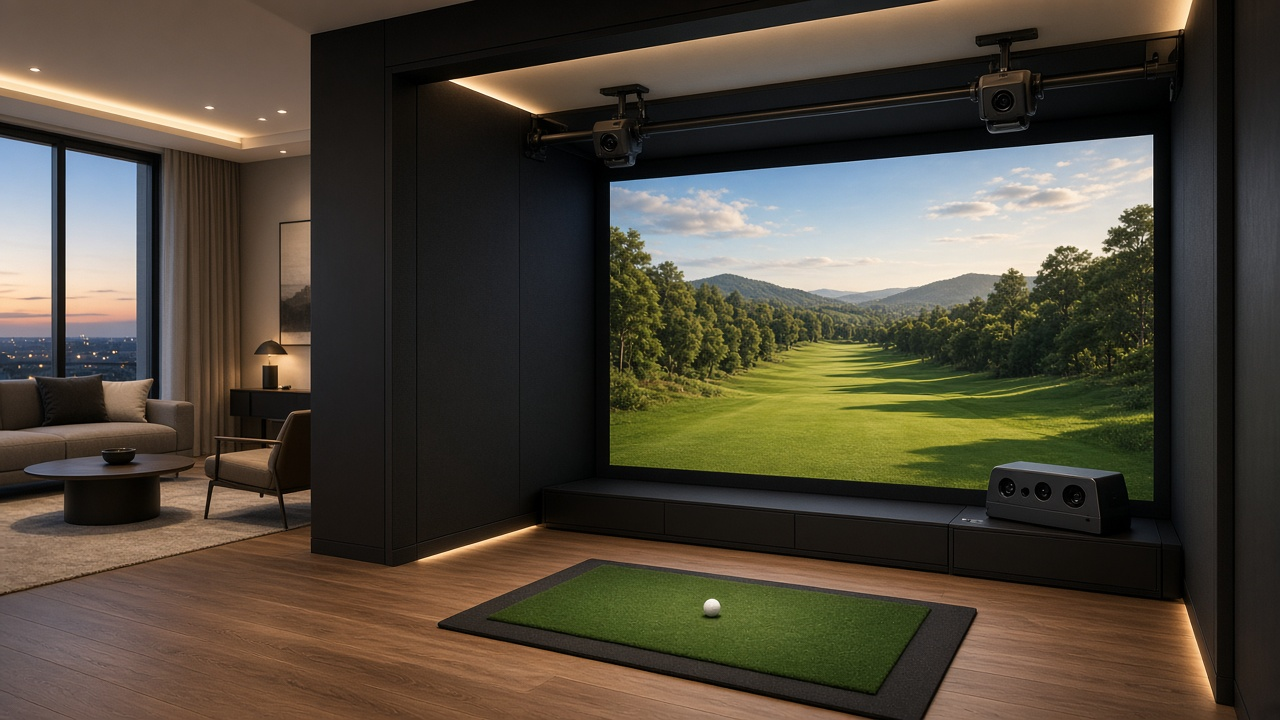 Delivered framed mobile golf simulator bay at a private residence — pro sensors visible on kit, urban evening, no TrackMan branding or logos