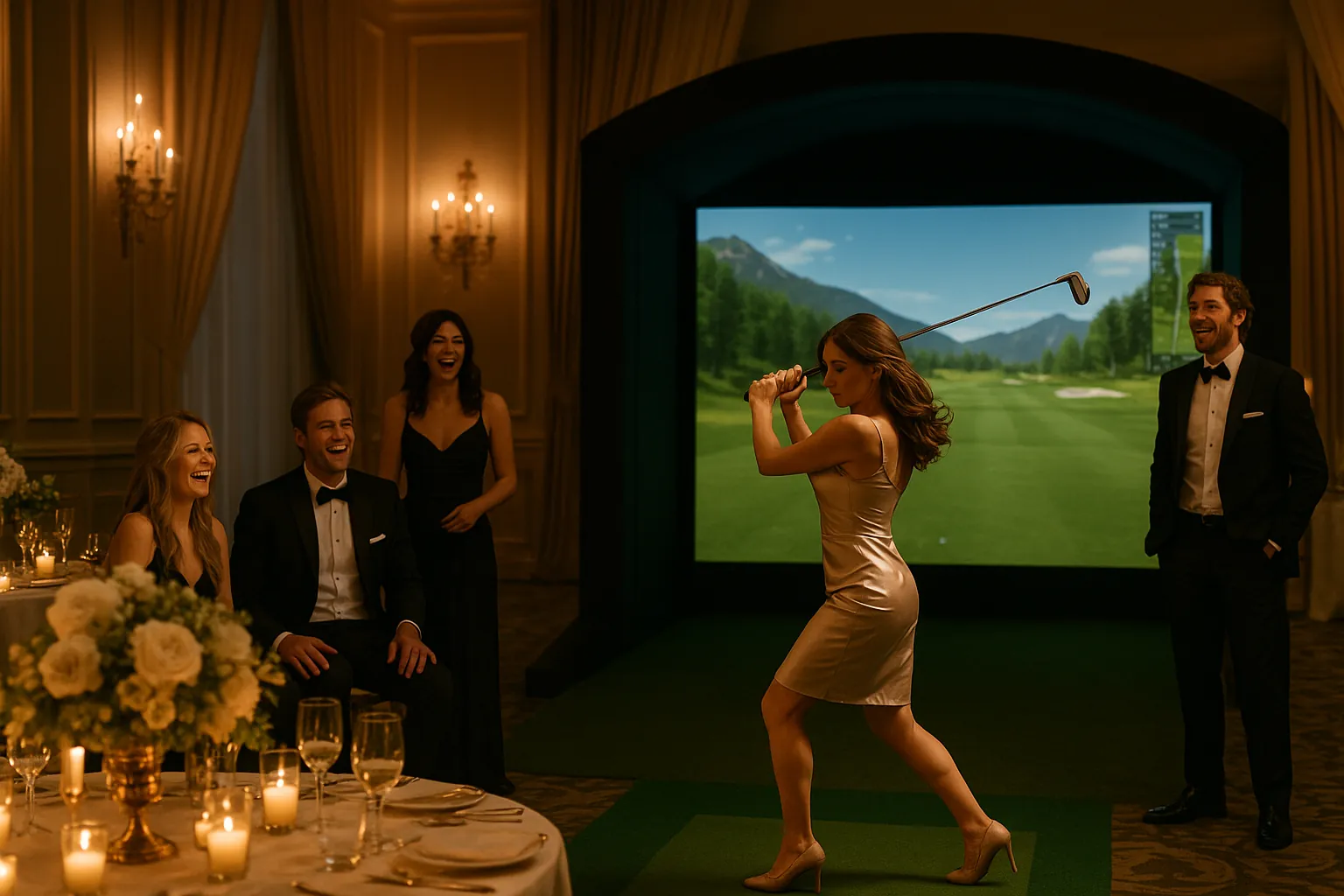 Woman swinging golf club at a portable golf simulator during a wedding reception